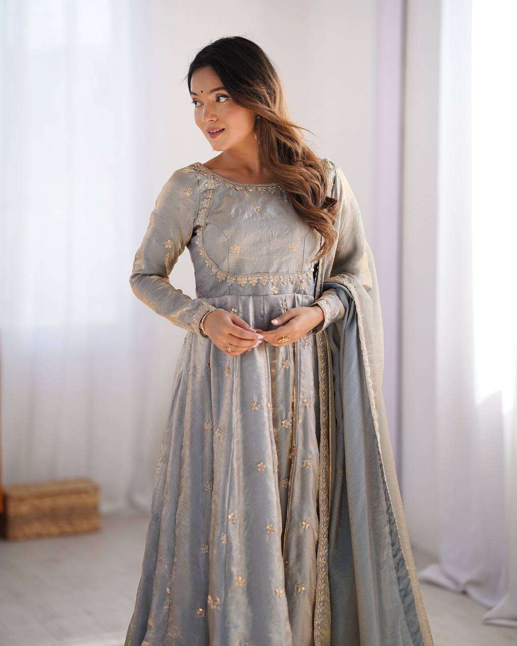 Women's Fandy Silk Coding with Sequnce work Long Anarkali Kurti Gown With Dupatta - Image 4
